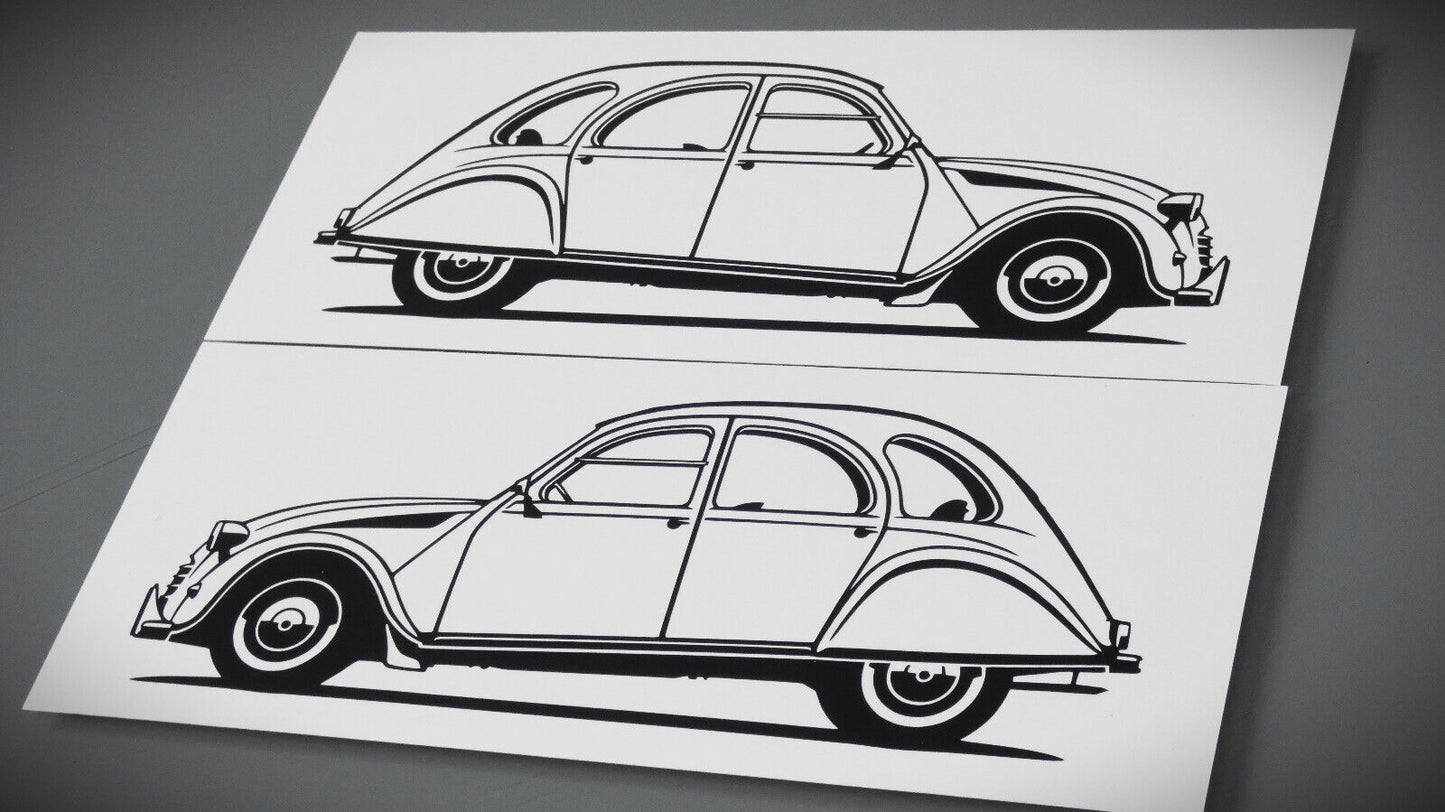 Citroen 2CV Ente Aufkleber Sticker Silhouette Fahrzeugseitenansicht Links und Rechts